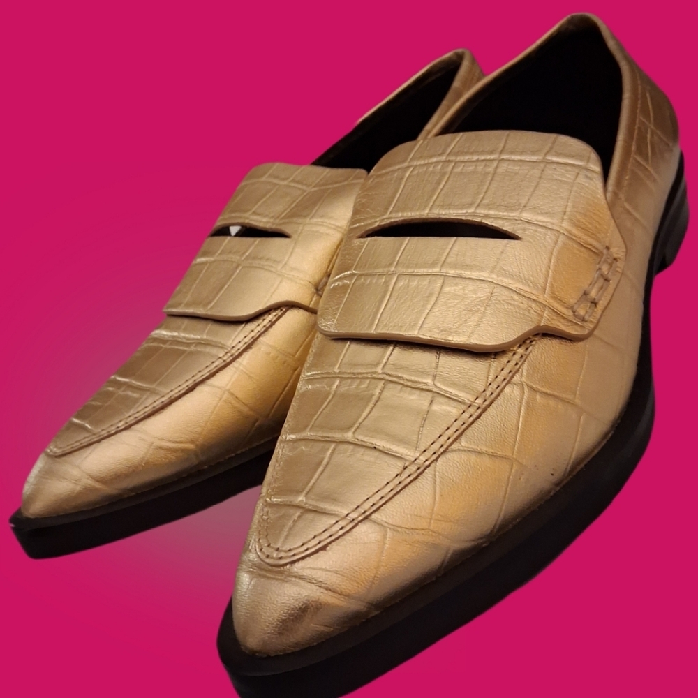 REBECCA MINKOFF Pacey Gold Penny Loafer Leather Croc Embossed Women's Size 8.5 - Picture 9 of 13